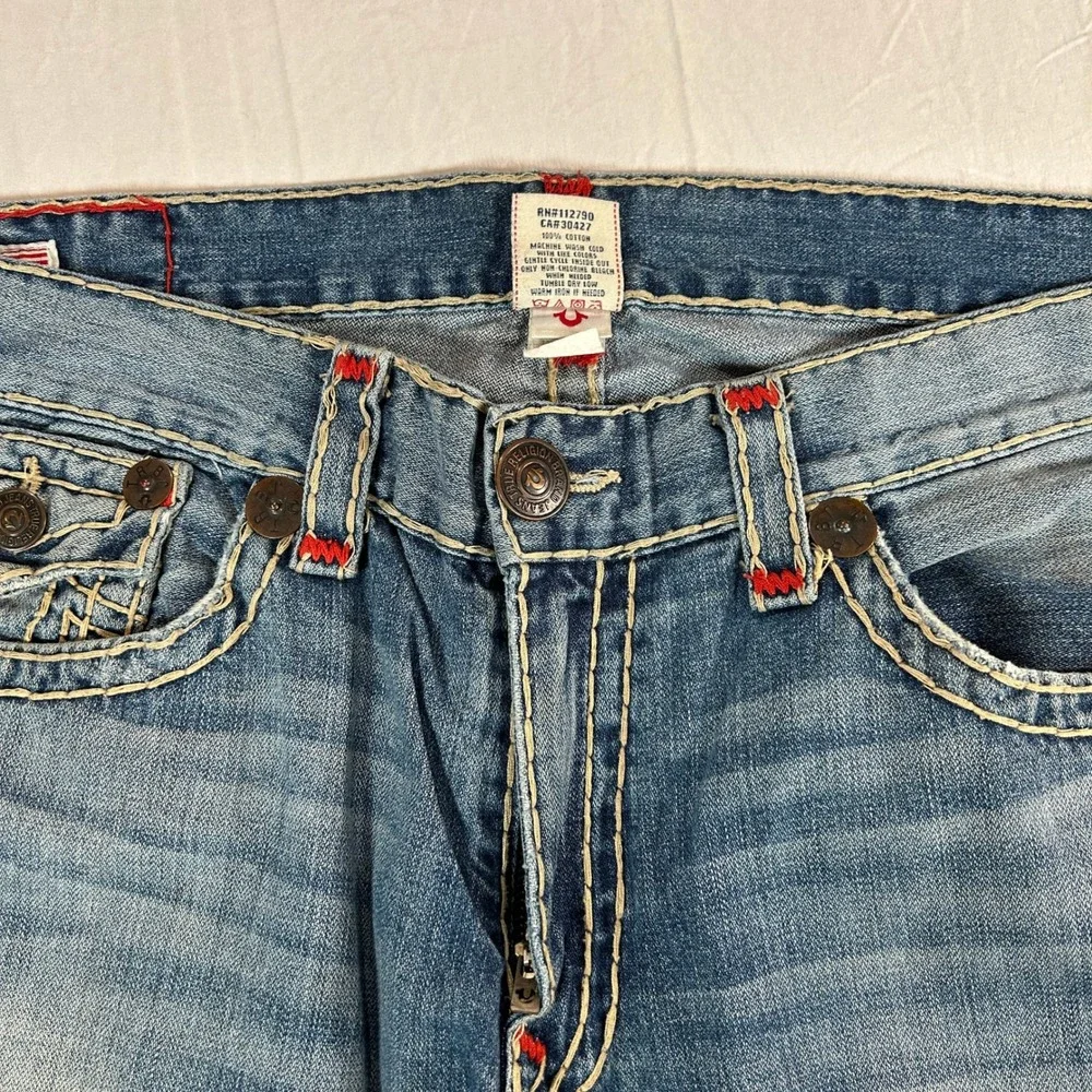 True Religion Ricky Super T Mens 40 Blue Jean Red Thick Stitch Straight Made USA
